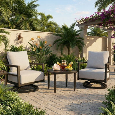 Ensemble de mobilier d'extérieur en aluminium 3 pièces, ensemble de conversation moderne avec chaise longue pivotante, coussins Sunbrella, plateau en pierre frittée d'inspiration marbre noir, noir Ember