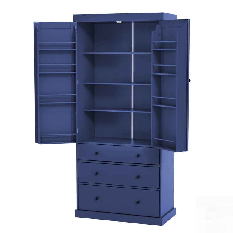 Spacieux garde-manger de style campagnard avec tablettes réglables, 8 tablettes de porte et 3 tiroirs pour un rangement efficace