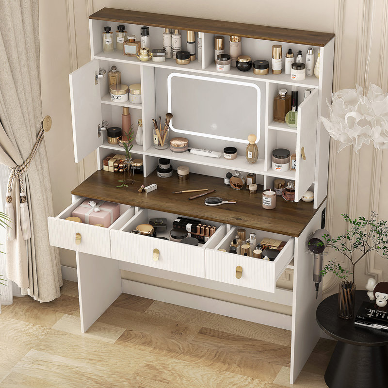 Farmhouse Dressing Table With Lighted Mirror And Makeup Drawer