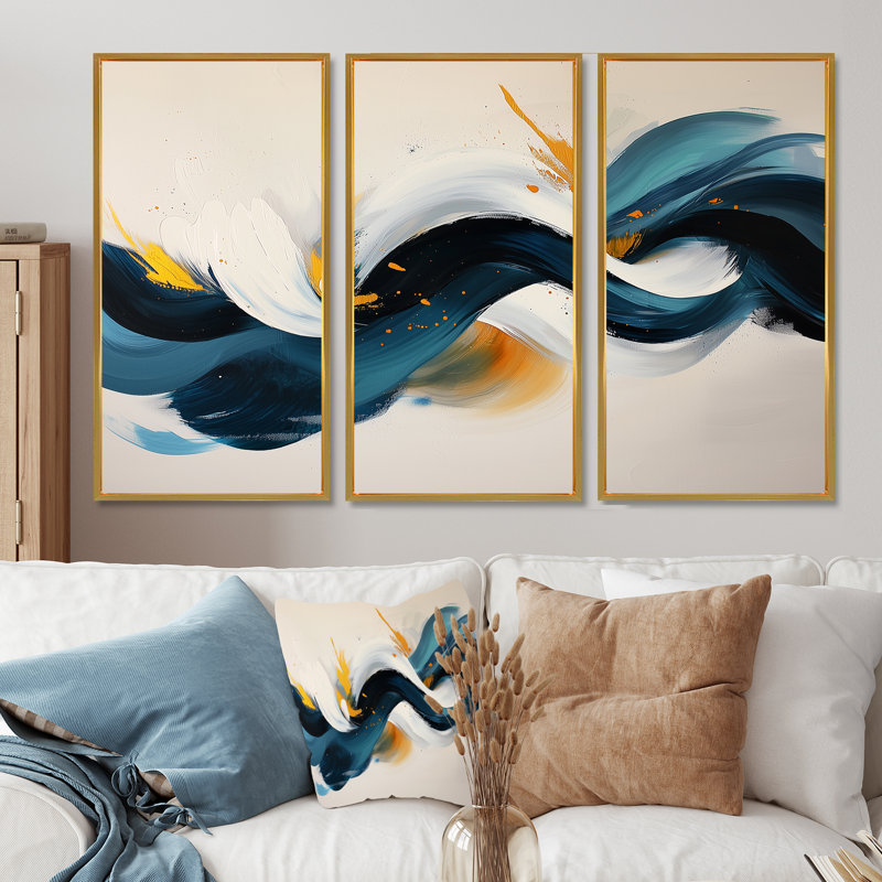 Racines et reflets des vagues abstraites II - art abstrait spirales murales - ensemble de 3, H 28 po x l 36 po, Doré