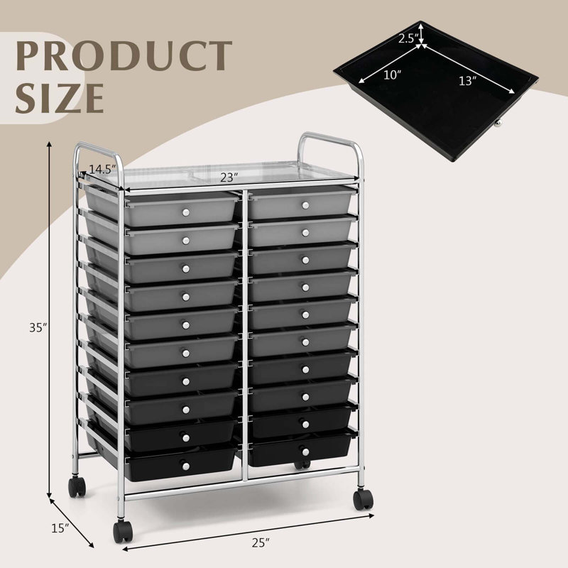 Nesma 20 Drawer Storage Drawer with Locking Wheels, Gradient Gray
