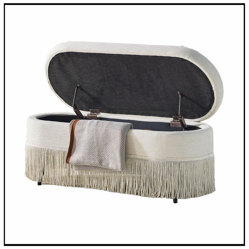 Banc ovale rembourré avec rangement rabattable et pieds robustes, Beige