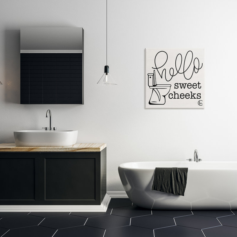 Toilet Hello Sweet Cheeks Black and White Curly Script Cursive by Penny Lane Publishing - Textual Art on Canvas