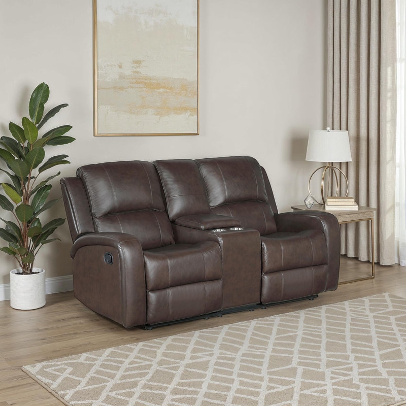 Demers 69.5" Modern & Contemporary Leather Manual Double Reclining Loveseat with Console, Smooth Tab-Pull Reclining Motion