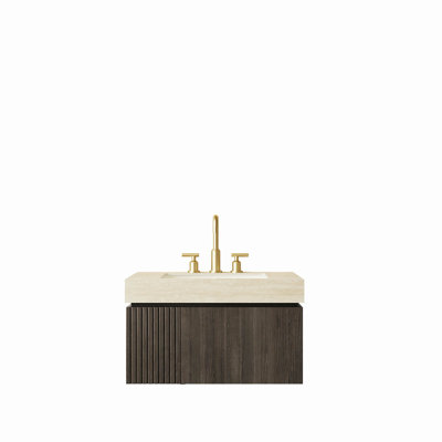Meuble-lavabo de 30 po avec lavabo, armoire de rangement flottante en contreplaqué avec tiroir et porte, comptoir en pierre frittée Roma Travertine et lavabo en céramique avec 3 trous de robinet pré-percés, pré-assemblé