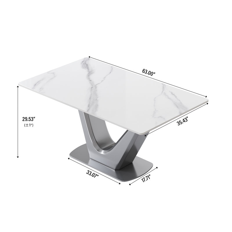 Table de salle à manger moderne de 63 po avec panneau de pierre artificielle blanche et pieds gris en forme de V, base frittée pour 6 à 8 sièges, assises