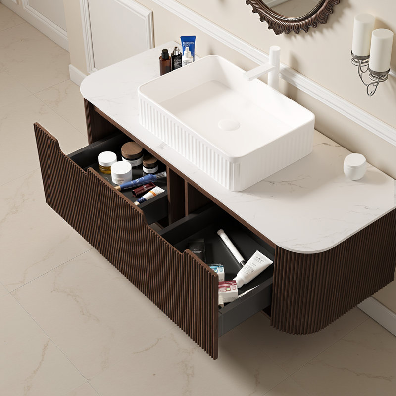 Meuble-lavabo flottant 48 po - Lavabo rectangulaire en céramique et armoire en noyer foncé (sans robinet), Brun, Blanc, 48"