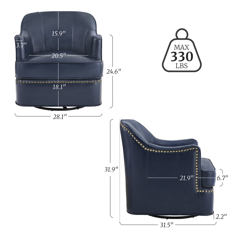 Fauteuil demi-tonneau pivotant en cuir véritable, Marine