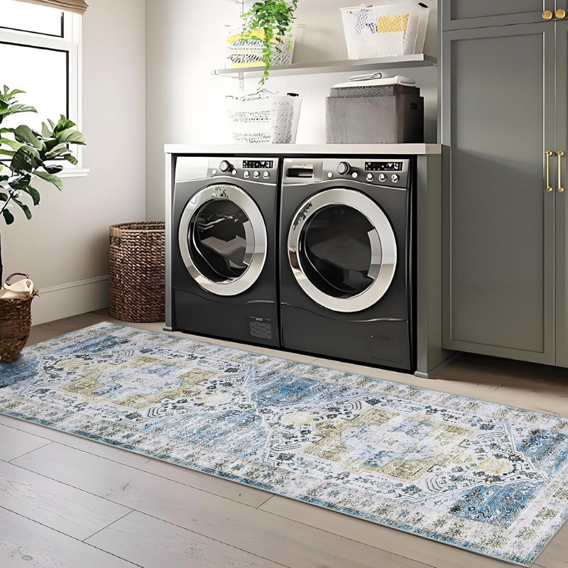 2x6 Runner Rug Kitchen Hallway Entryway – Vintage Floral Oriental Design Non-Slip Stain Resistant Low Pile Floor Covering (Blue)