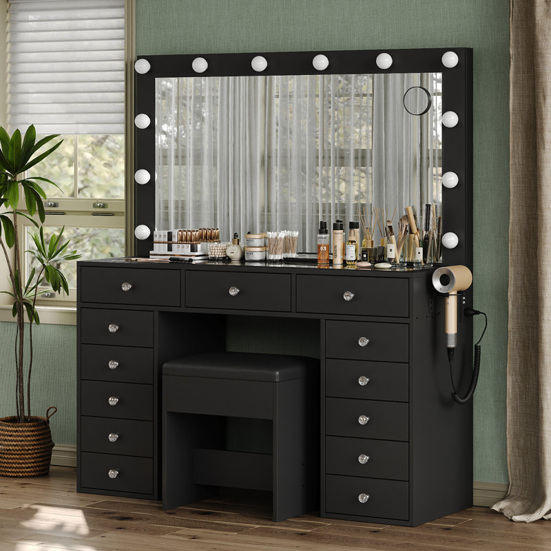 13 Drawers Vanity Desk, Makeup Vanity With Power Outlet, Vanity Table With Mirror And 12 LED Bulbs, 3 Lighting Modes, Glass Top Dressing Table With Chair