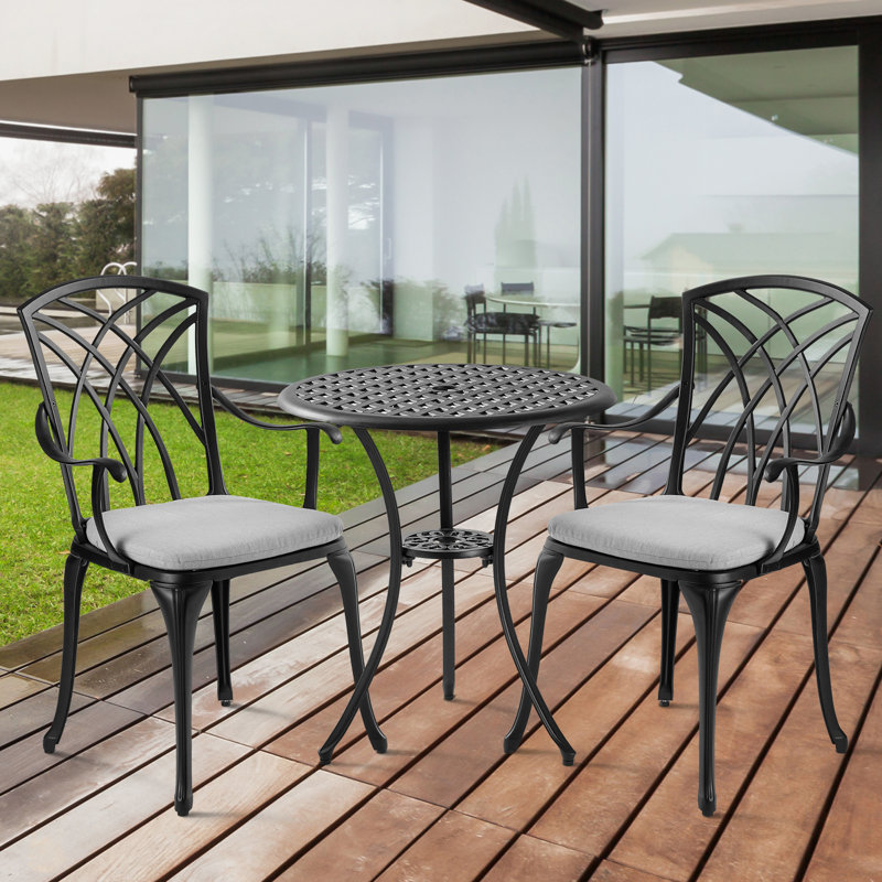 3 Piece  Cast Aluminum Outdoor Bistro Table and Chairs Set of 2 with Cushion,Patio Bistro Sets with 1.97" Umbrella Hole for Garden,Black