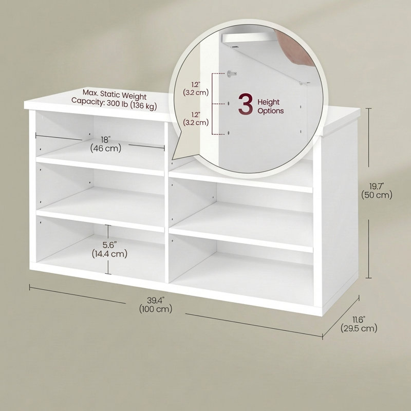 Banc de rangement pour 12 paires de chaussures avec 6 casiers, banc d'entrée avec tablettes réglables, armoire à chaussures