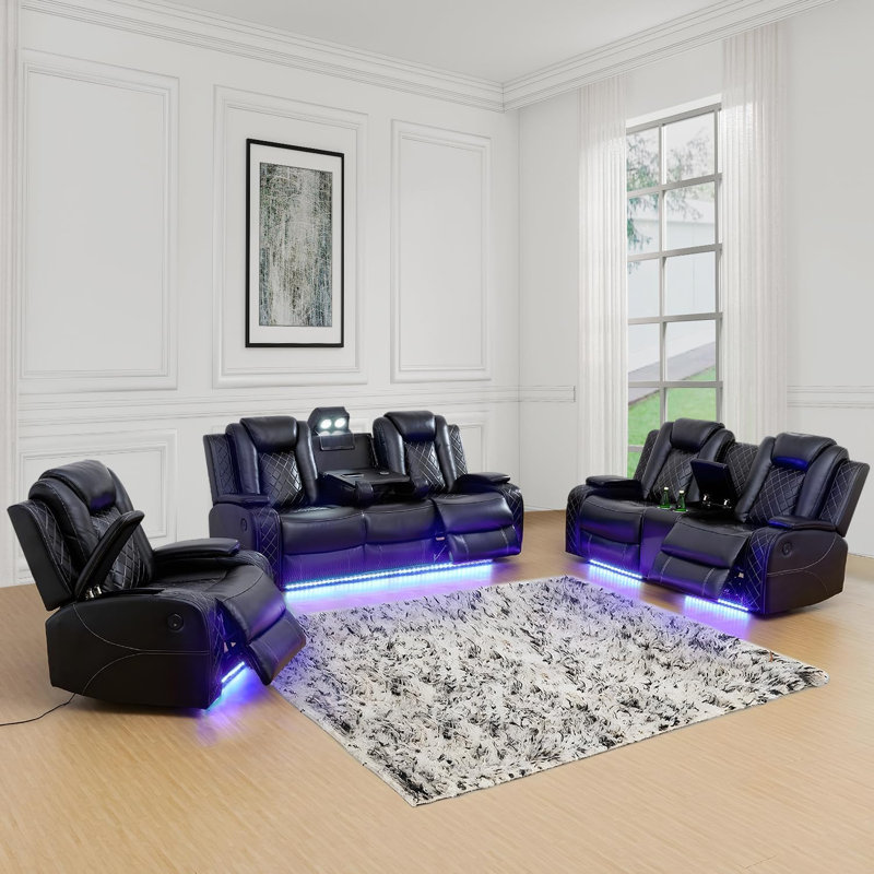 Ensemble de canapé de salon inclinable électrique en cuir 3 pièces avec station de charge sans fil, lumière DEL bleue et port USB