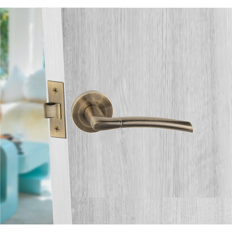  Indiana Design Door Handle Set in Antique Brass with Escutcheon and Mortise Lock