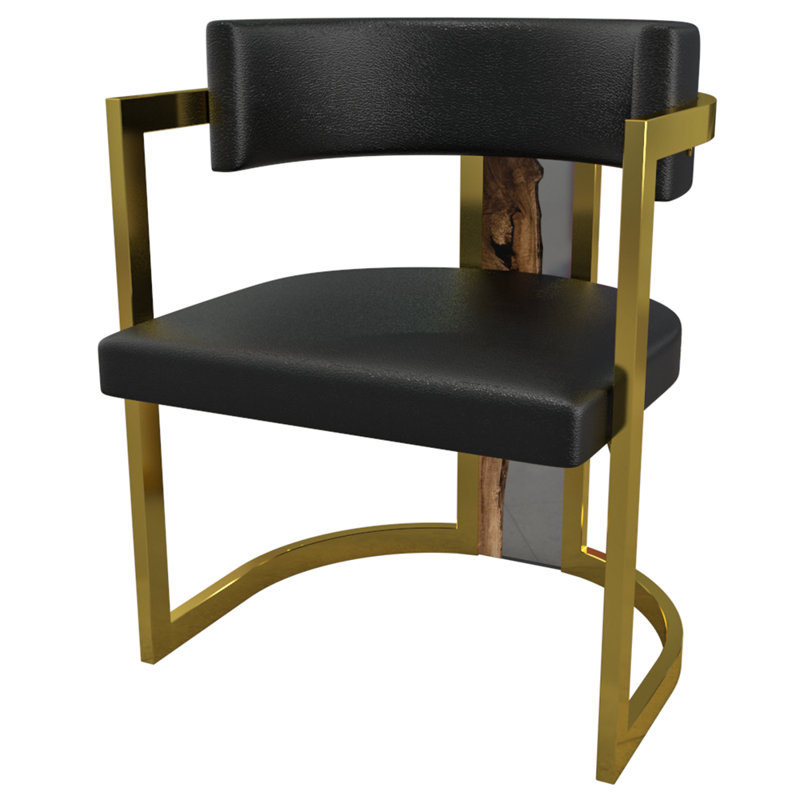 Leather Arm Chair, Black, Gold Plated, 1 Piece