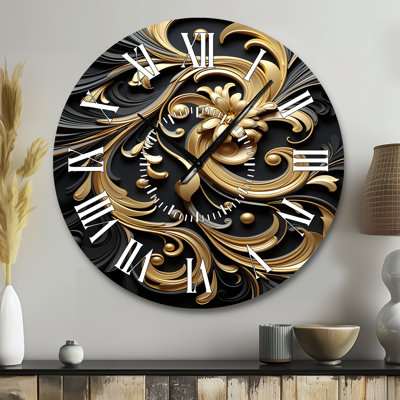 Golden Ornament Pattern On Black III - Abstract Spirals White Face Wall Clock