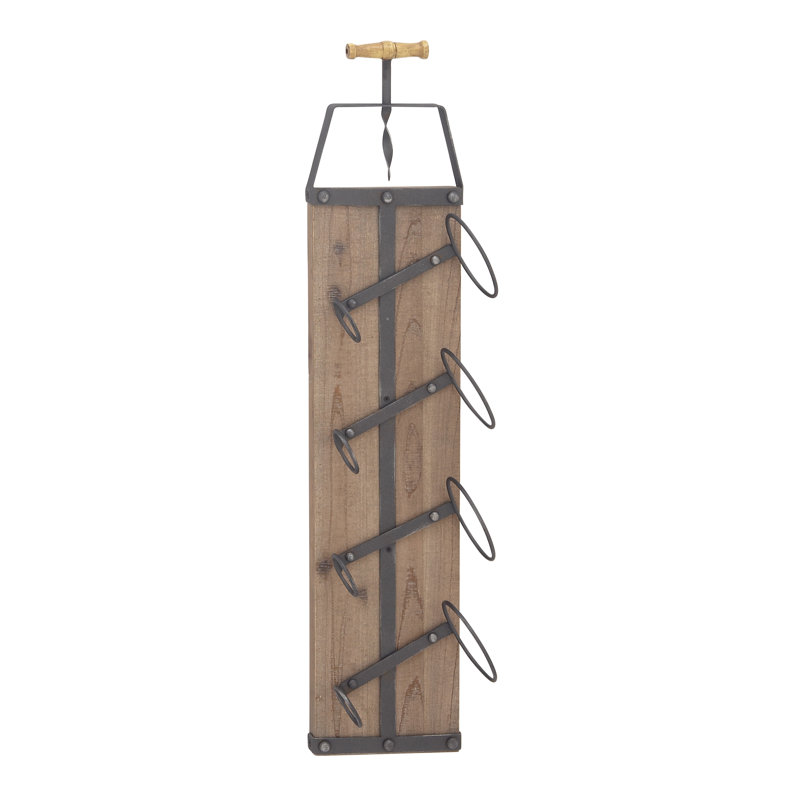 Rustic Brown Wood and Metal Wall-Mounted Wine Rack