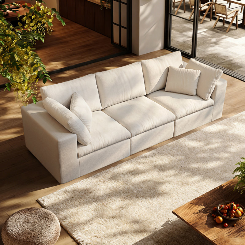 108.3" Beige Large Modular Sectional Sofa，Convertible 3-Seater Floor Couch，No Assembly Required & Boxed Delivery，Plush Chenille Fabric With Pillows，Modern Minimalist In White