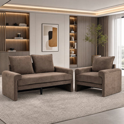 Ensemble canapé et fauteuil lounge rembourrés, collection de sièges en tissu avec accoudoirs incurvés et coussins profonds
