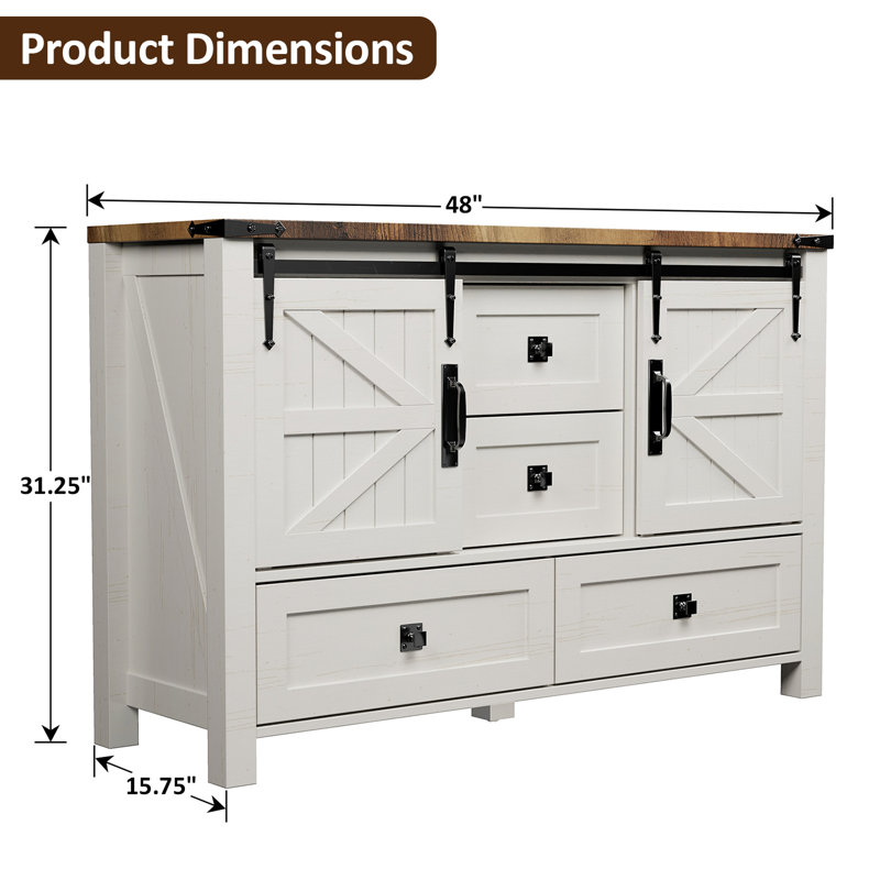 48'' Farmhouse Dresser Chests with 4 Drawers and 2 Cabinets, White