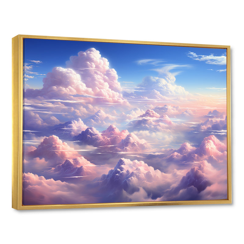 " Kawaii Landscape Clouds I ", 12" H x 20" W x 1" D, Gold Floater Framed