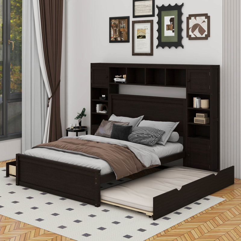 Grand lit en bois avec armoire et lit gigogne, Espresso, Grand lit