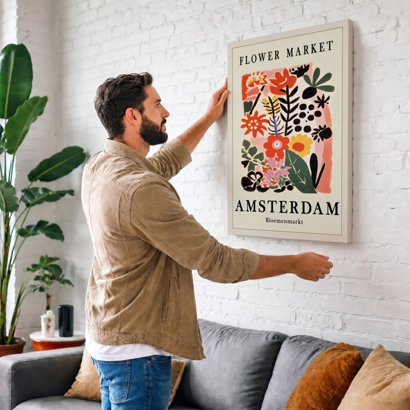 Postcard From Amsterdam Retro - Print, 24x16 - 61.0 x 40.6 cm, Teal Border