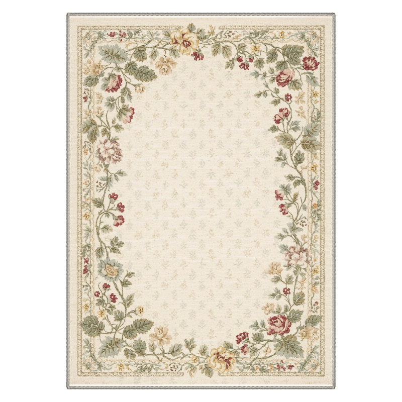 Floral Machine Washable Beige/Light Green/Ivory Indoor Area Rug With Non-Slip Backing, Rectangle 5' x 7'
