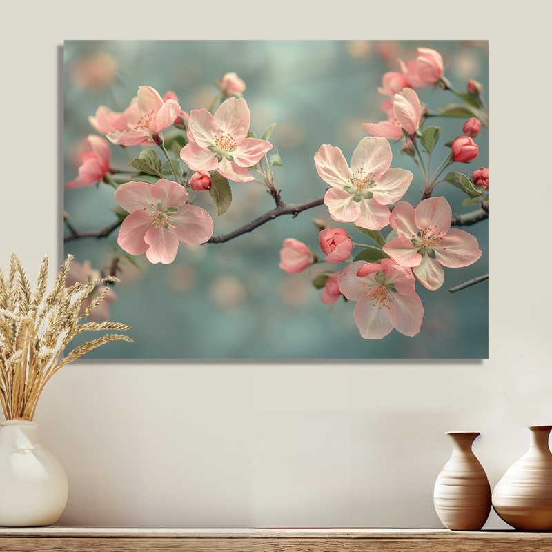 Fleurs de pommier rose et gris I - Art mural, Cadre flottant noir, H 30 po x l 40 po