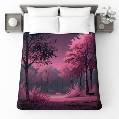 Couvre-lit paysage forêt rose avec cerf