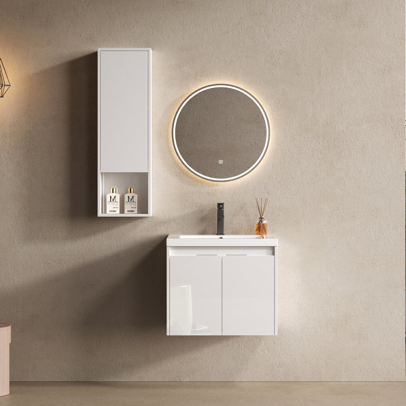 Meuble-lavabo 24 po avec lavabo en résine, 2 portes à fermeture douce, armoire murale, fixation à flotteur, blanc brillant, contreplaqué, apparence élégante, charnières de fermeture, robustesse