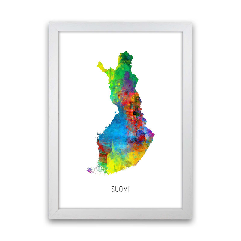 Suomi Watercolour Map by Michael Tompsett - Print, 88cm H x 64cm W x 3cm D, White Framed
