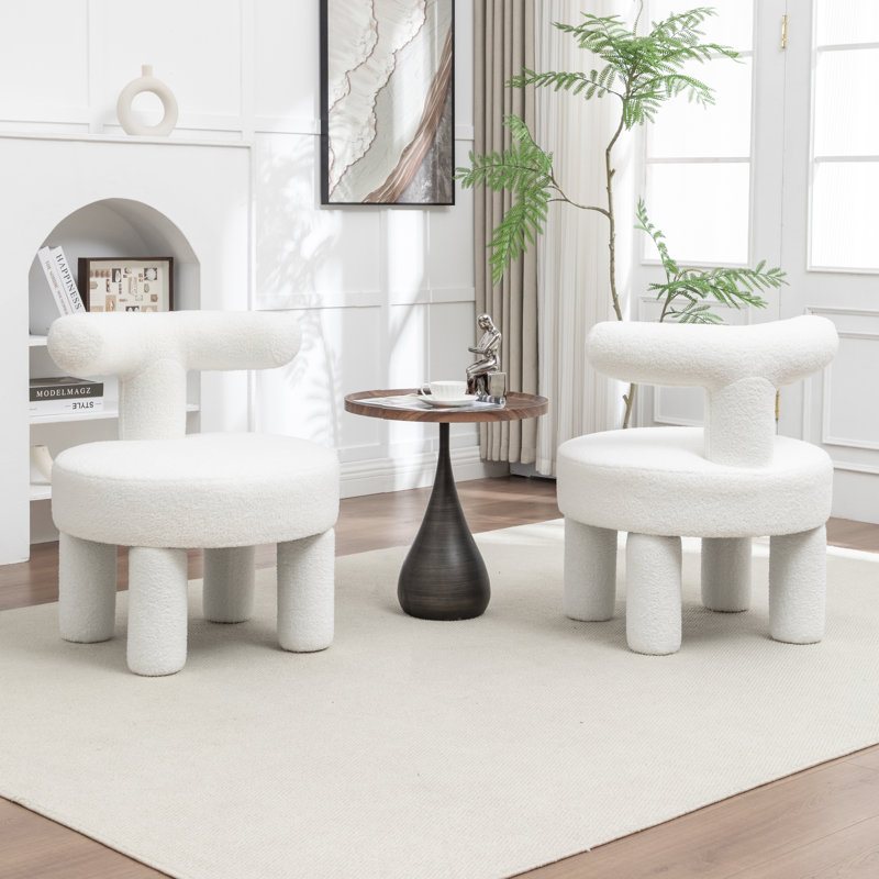 Fauteuil demi-tonneau rembourré Bula, Blanc, Teddy