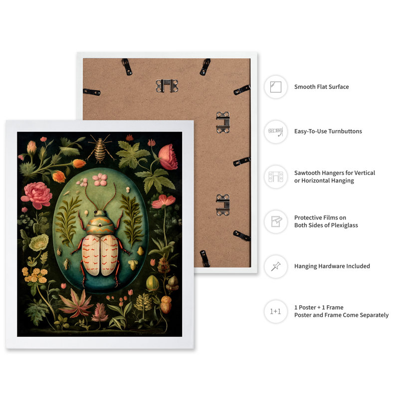 Fleurs et coléoptère No2, 16"H x 20"W, Poster, White Framed