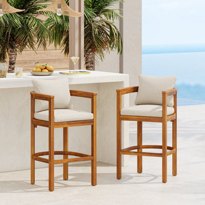 Gregorian Patio 30.3 Seat Height Acacia Wood Bar Stools With Cushions by Millwood Pines