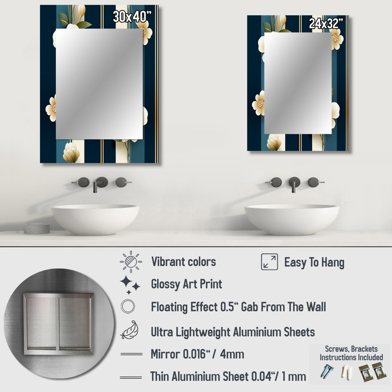 Symarah Classic Elegant Floral Striped Serenity - miroir mural unique rayé, miroir rétro, impression d'art en métal