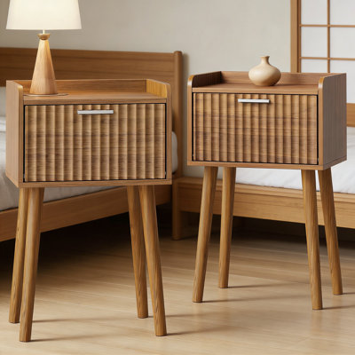 Set Of 2 Fluted Door Nightstands, Modern Bedside Tables With Solid Wood Legs, Space-Saving End Tables For Bedroom Or Living Room