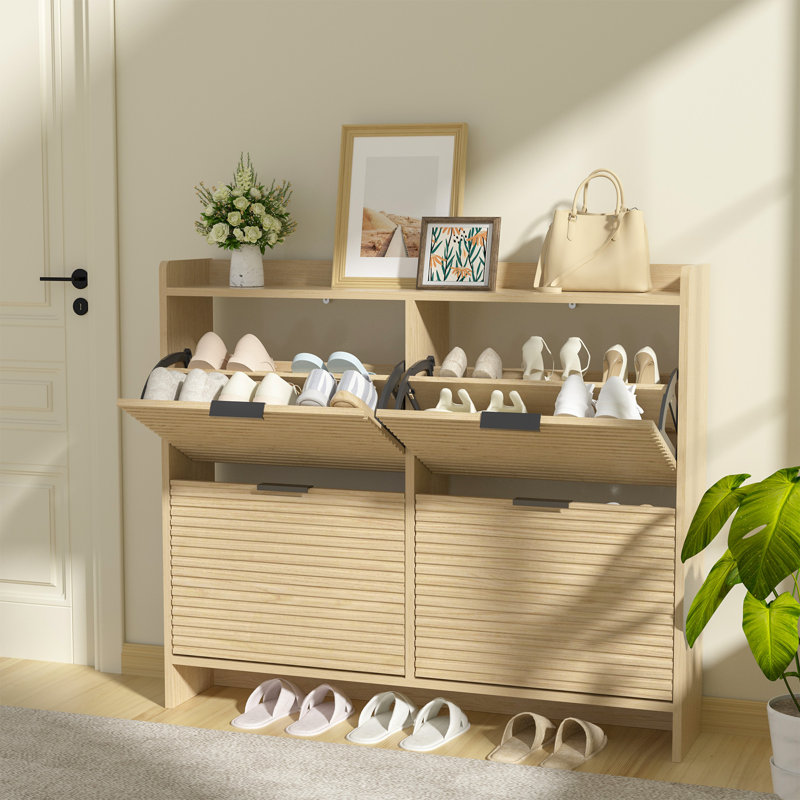 Shoe Storage Cabinet With 4 Flip Drawers, Hidden Slim Shoe Rack Cabinet With Adjustable Shelf, Wooden Shoe Organizer For For Narrow Entryway, Hallway, Bedroom, Oak
