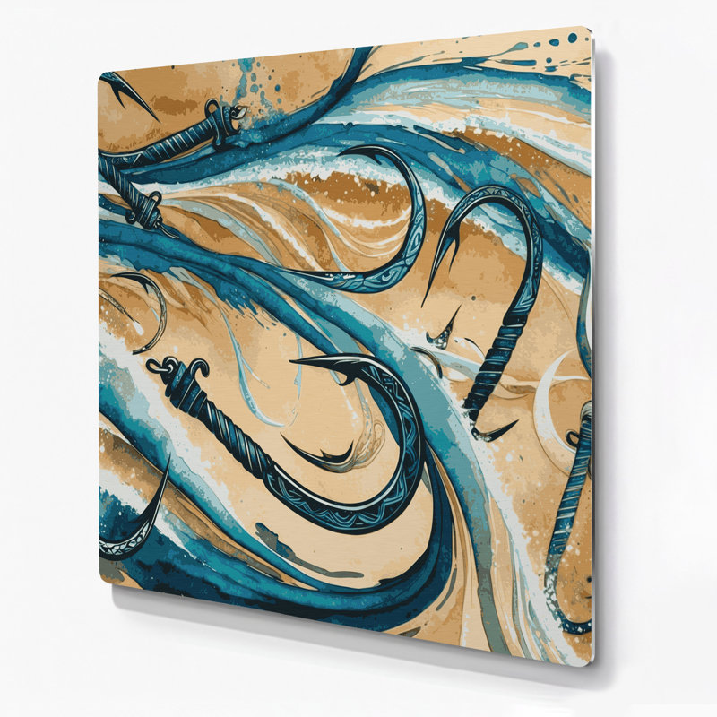 Art mural hawaïen hameçons en métal beige, H 16 po x l 16 po