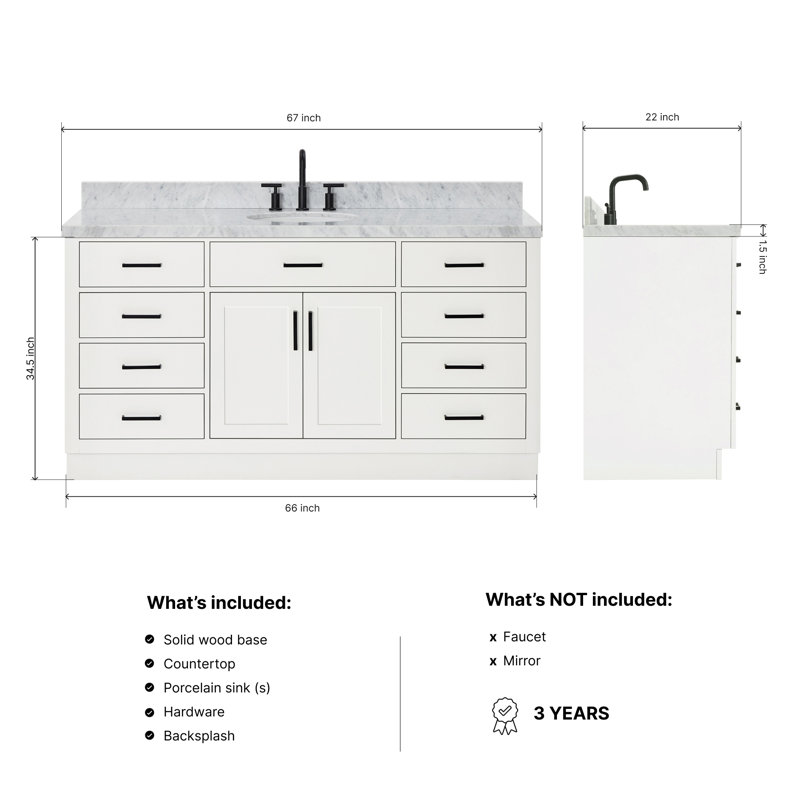 Meuble-lavabo simple en bois massif 66 po avec plateau en marbre de Carrare Tidworth, Blanc, Ovale