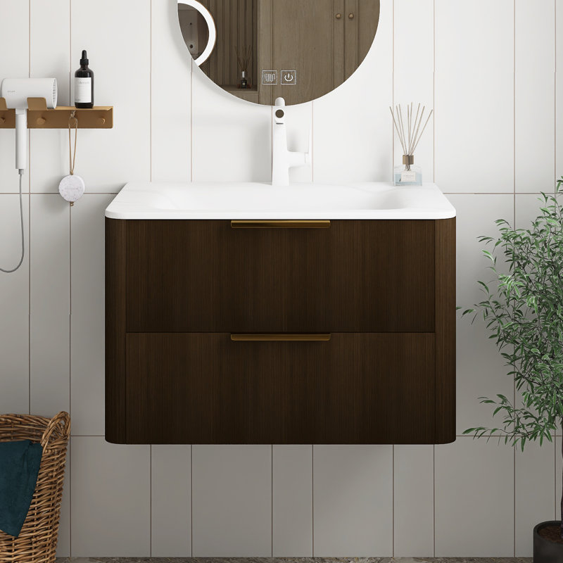 Meuble-lavabo de salle de bain avec lavabo, armoire de rangement flottante à fines rayures avec tiroirs, lavabo intégré en pierre frittée blanche Carrara, pré-assemblé