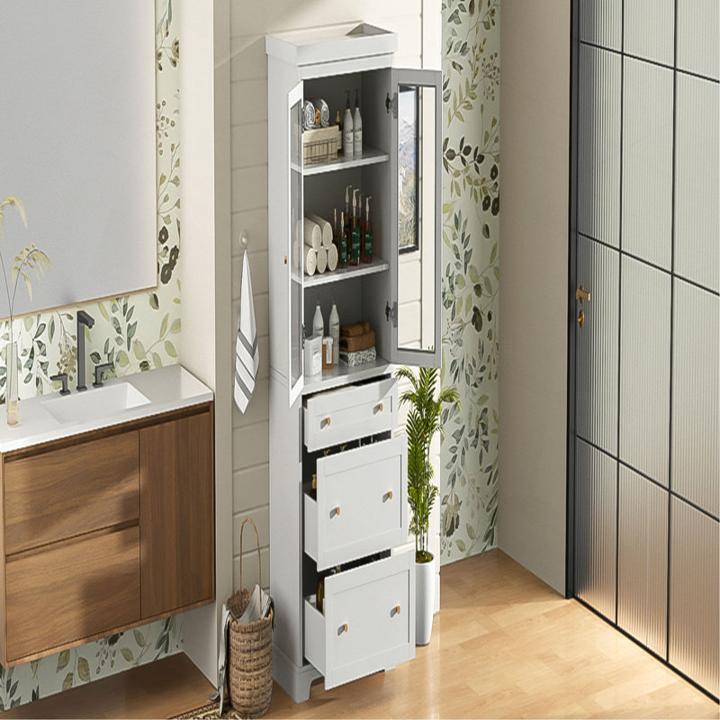 Armoire de salle de bain haute autoportante moderne de 70,1 po de hauteur avec 2 tablettes réglables, 3 tiroirs, portes en verre à fermeture en douceur - idéale pour la salle de bain, le salon et la cuisine