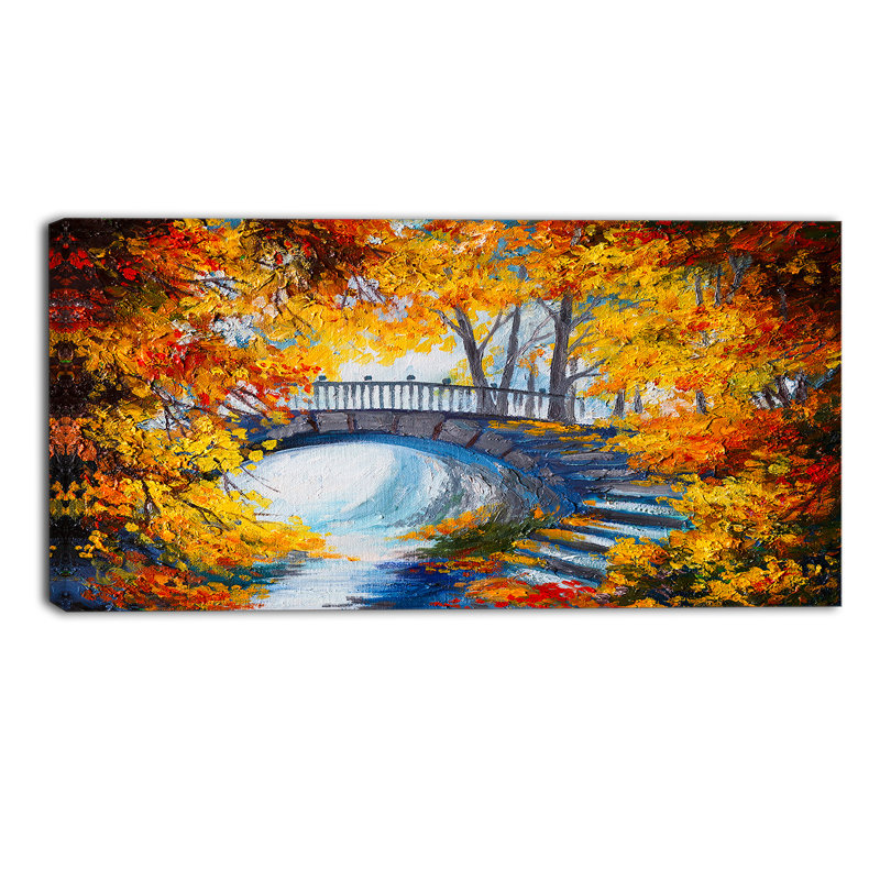 «Fall Forest with a Bridge Landscape», reproduction d'art sur toile tendue, H 20 po x l 40 po