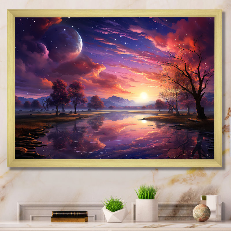 «Pink Moon Sunrise Space Landscape I», art mural abstrait, Cadre doré à coins fermés, H 24 po x l 32 po x P 1 po
