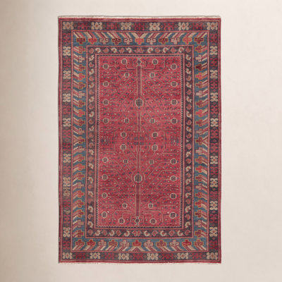 Red Blue Hand-Knotted Wool Oriental Rug