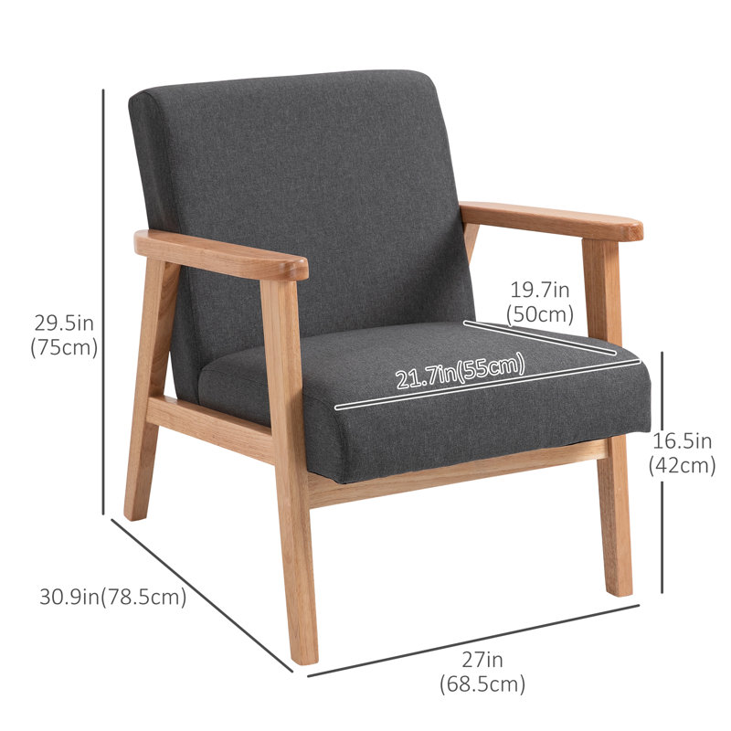 Fauteuil d'appoint moderne du milieu du siècle, fauteuil rembourré avec pieds en bois, Lin gris, Naturel