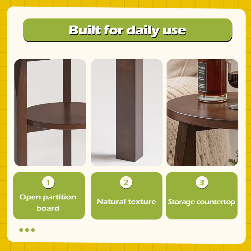 Table de bout ronde en bois d'hévéa massif, table d'appoint à 2 niveaux avec tablette de rangement, petite table d'appoint pour le salon, la chambre à coucher
