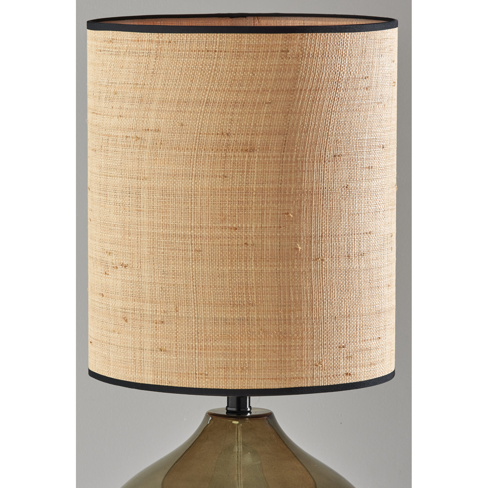 Philomena Glass Table Lamp, Dark Green/Black, Natural Woven Rattan/Black Trim, 28.50" H x 13" W x 13" D