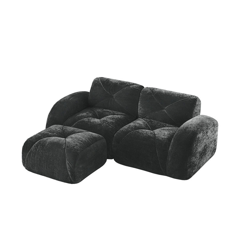Canapé en forme de L sans os, tissu de velours doux, conception capitonnée, éponge haute densité 32D, aucun assemblage requis, conception ergonomique inférieure, conception antidérapante, repose-pieds mobile pour les chambres à coucher, noir