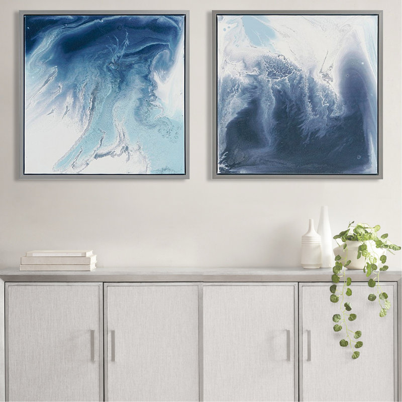 Décoration murale abstraite en toile bleue, 2, l 25,5 po x H 25,5 po, cadre en nickel brossé, création bleu froid et design